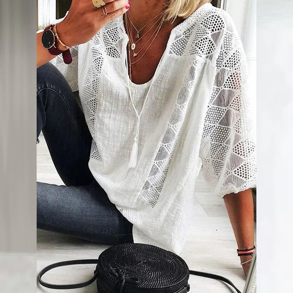 Damen Bluse im Relaxed Fit mit V-Ausschnitt und Spitzendetails