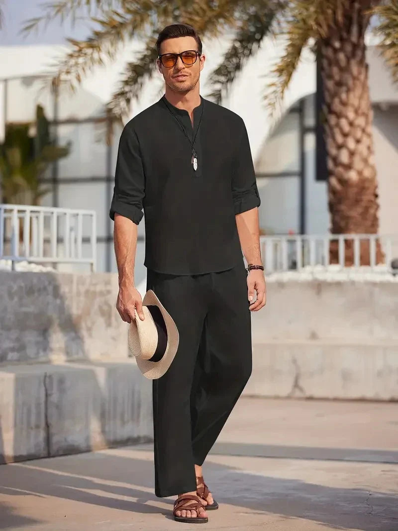 Herren Sommer Set Regular Fit Freizeit Langarmhemd und Hose