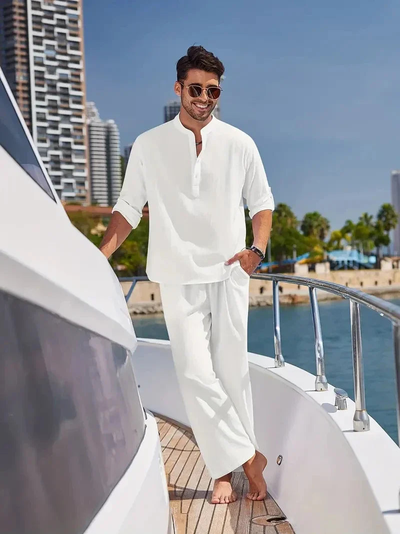 Herren Sommer Set Regular Fit Freizeit Langarmhemd und Hose