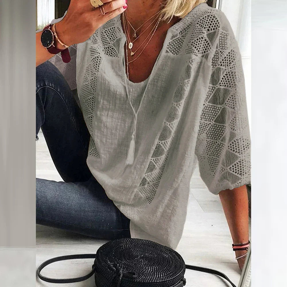 Damen Sommerbluse Relaxed Fit Sommer Freizeit mit Spitze
