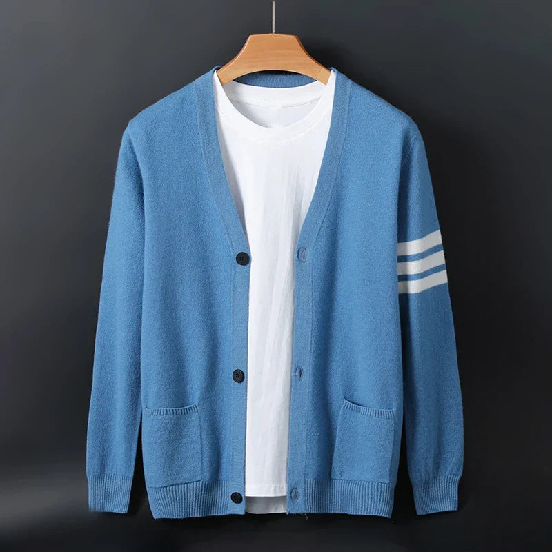 Herren Strickjacke mit Ärmelstreifen und Rippbündchen