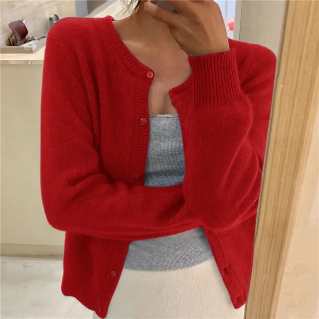 Damen Strickjacke mit Knopfleiste und Rundhalsausschnitt