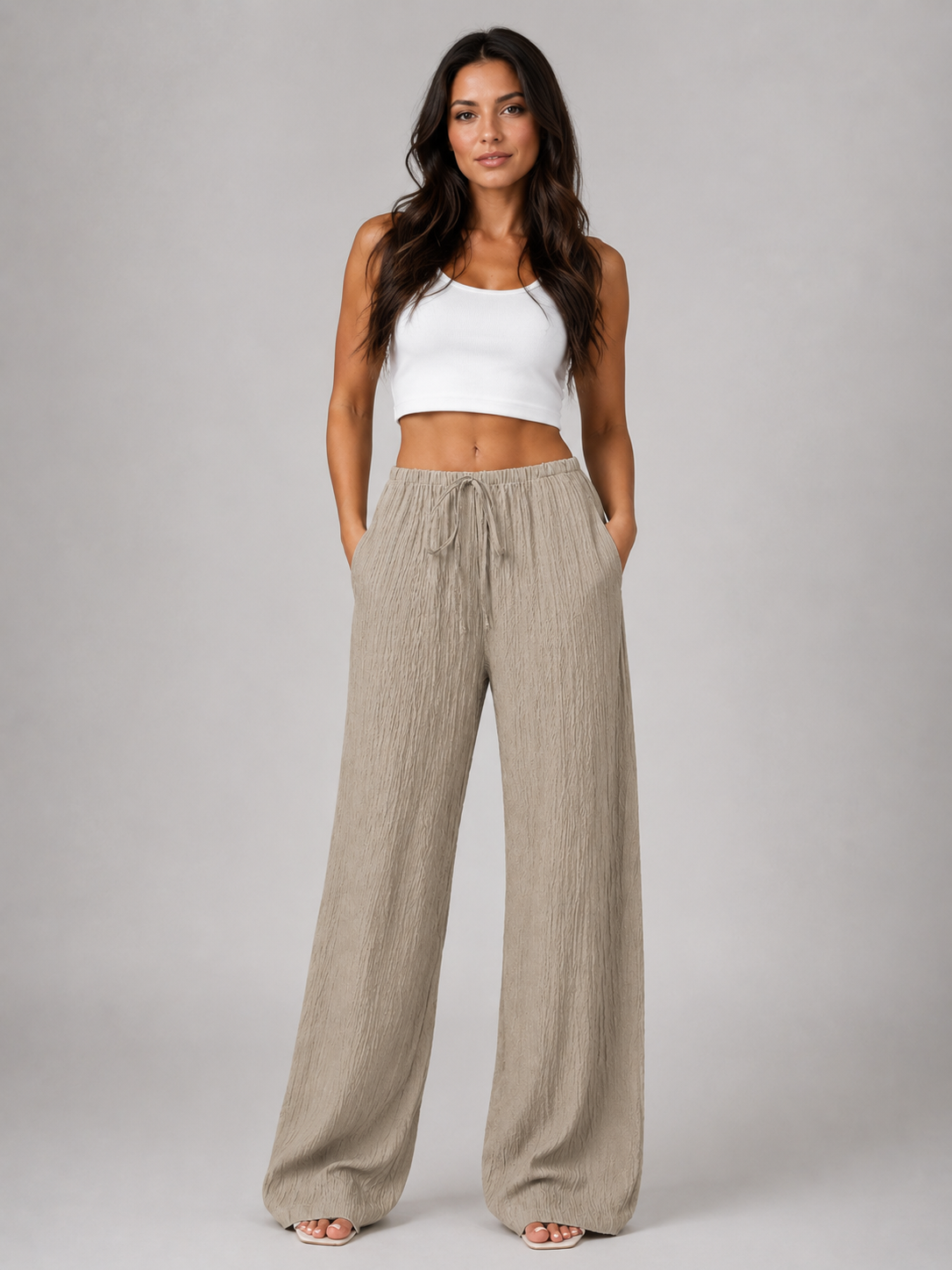 Damen Hose mit Crinkle-Struktur und Kordelzugbund
