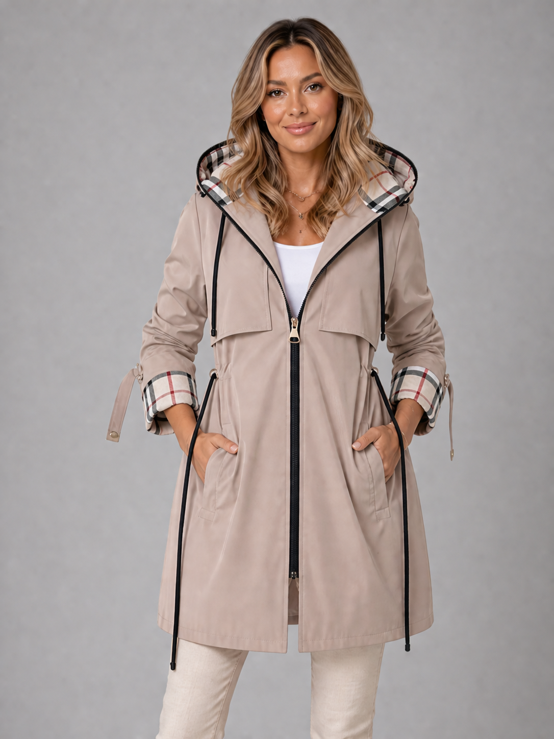 Damen Kapuzenjacke mit Reißverschluss und verstellbarer Taille
