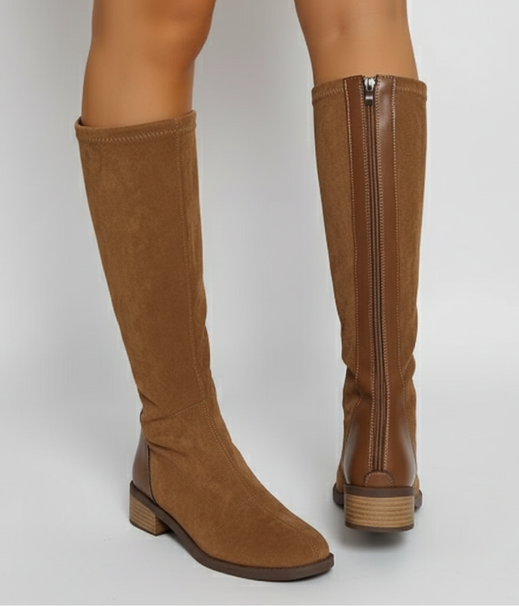 Damen Stiefel kniehoch in Wildlederoptik mit Blockabsatz