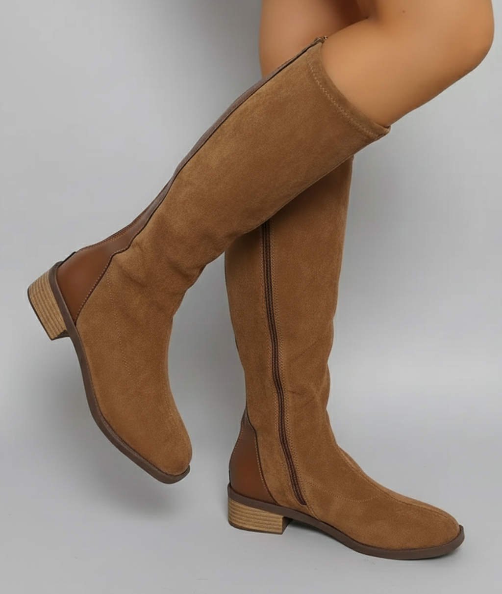 Damen Stiefel kniehoch in Wildlederoptik mit Blockabsatz