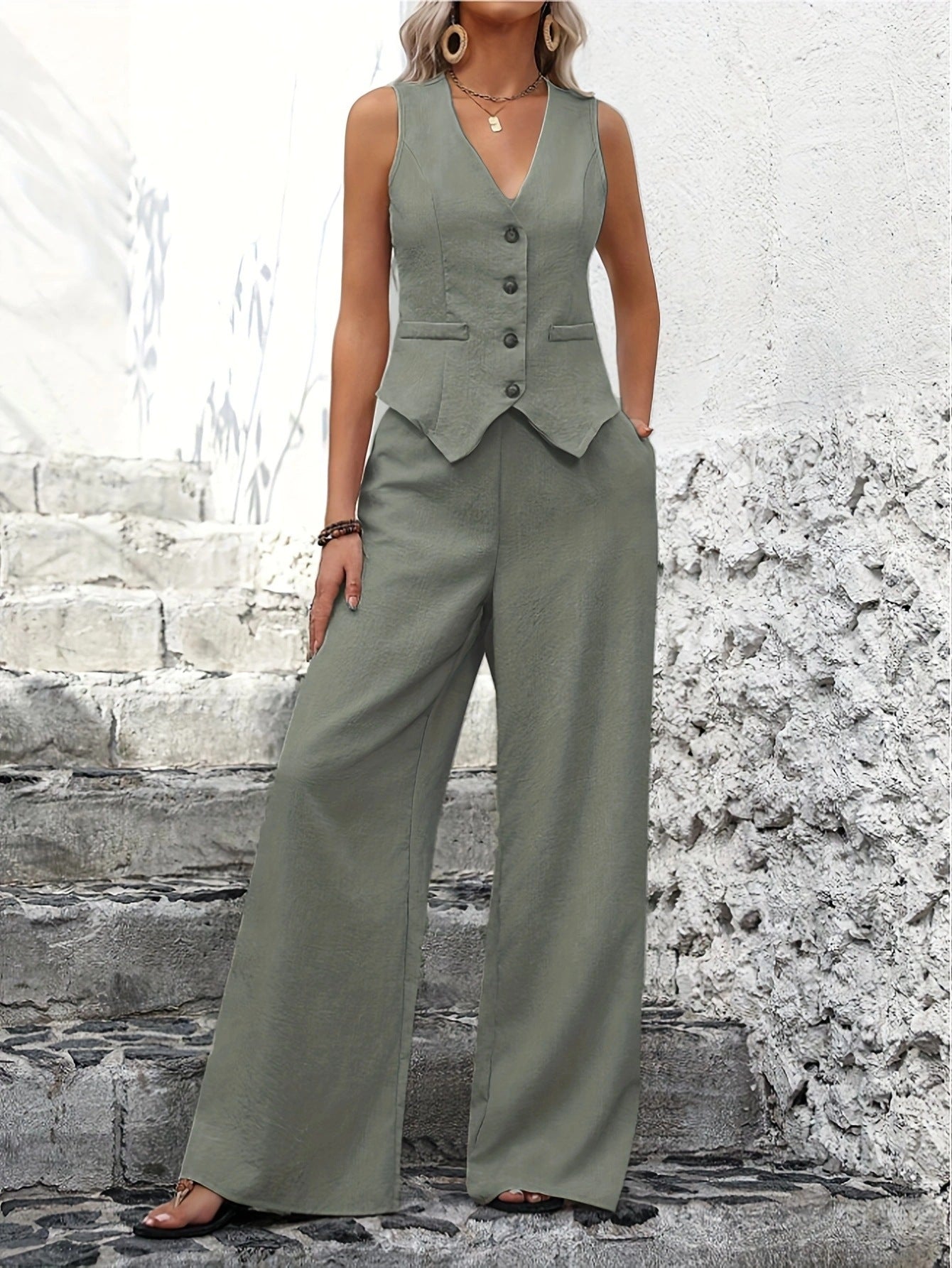 Damen Zweiteiler Slim Fit Elegant Weste & weite Hose