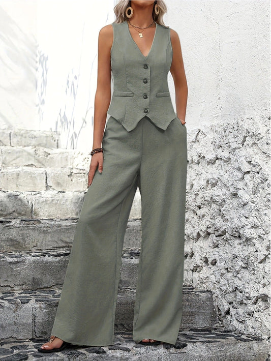 Damen Zweiteiler Slim Fit Elegant Weste & weite Hose