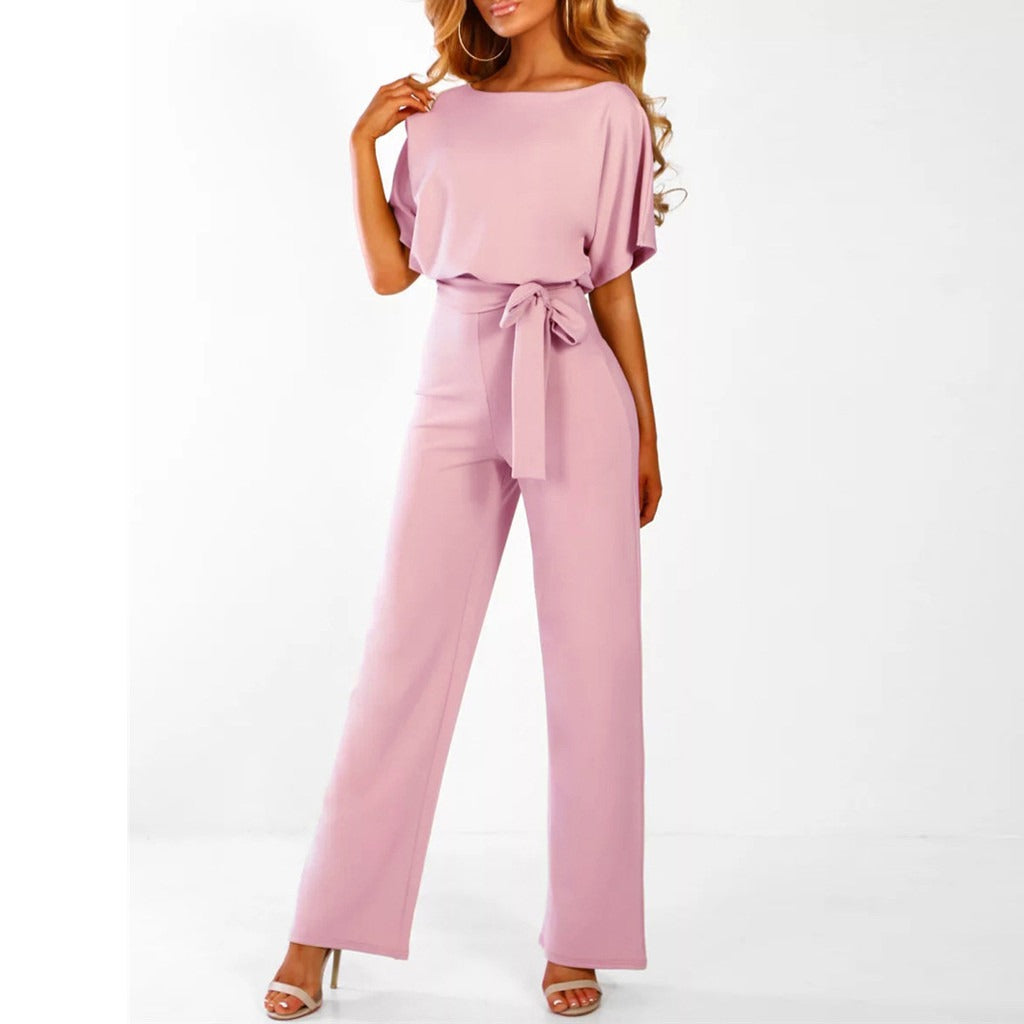 Damen Jumpsuit Tailliert Weit Bein Kurzarm Casual Sommer