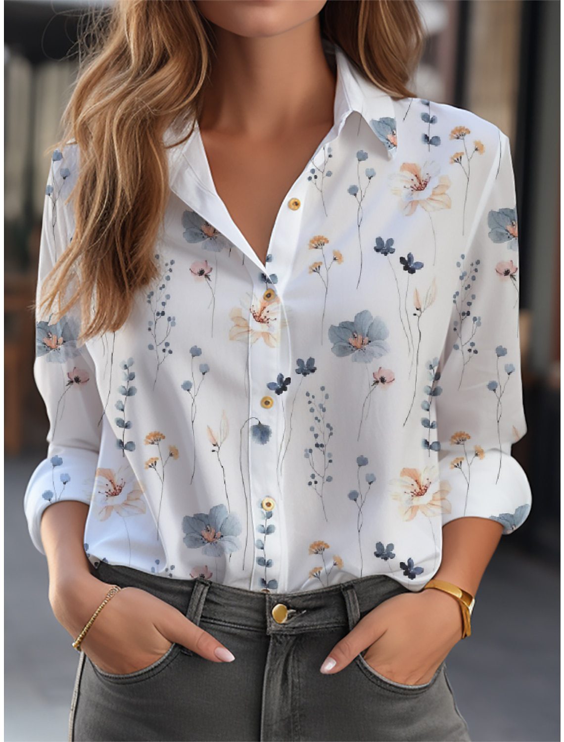Damen Langarmbluse Relaxed Fit Casual Elegant mit Blumenmuster