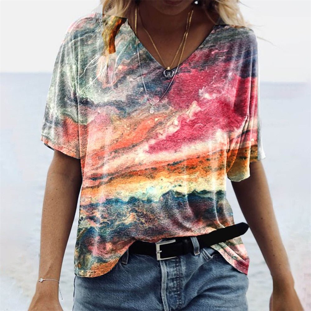 Damen T-Shirt Relaxed Fit Freizeit Boho Marmormuster