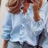 Damen Rüschenshirt Langarm V-Ausschnitt Relaxed Fit Casual