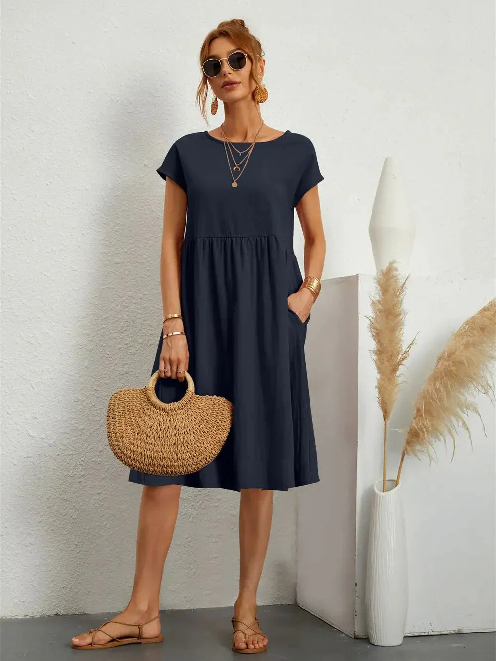 Damen Midi Kleid Smock Freizeit Sommer Regular Fit