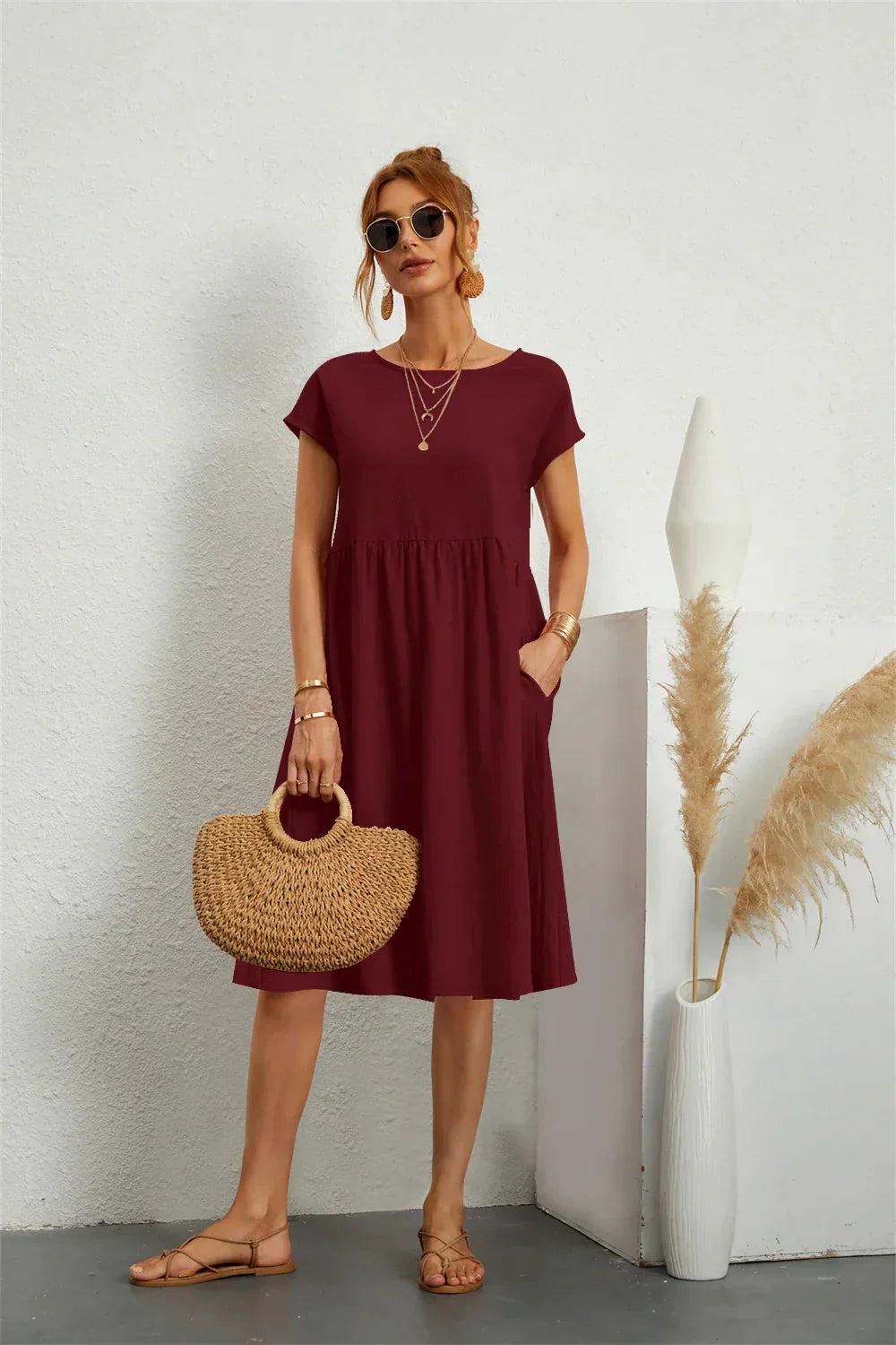 Damen Midi Kleid Smock Freizeit Sommer Regular Fit
