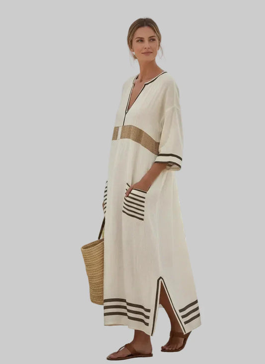 Damen Maxikleid Relaxed Fit Casual mit V-Ausschnitt und Streifen