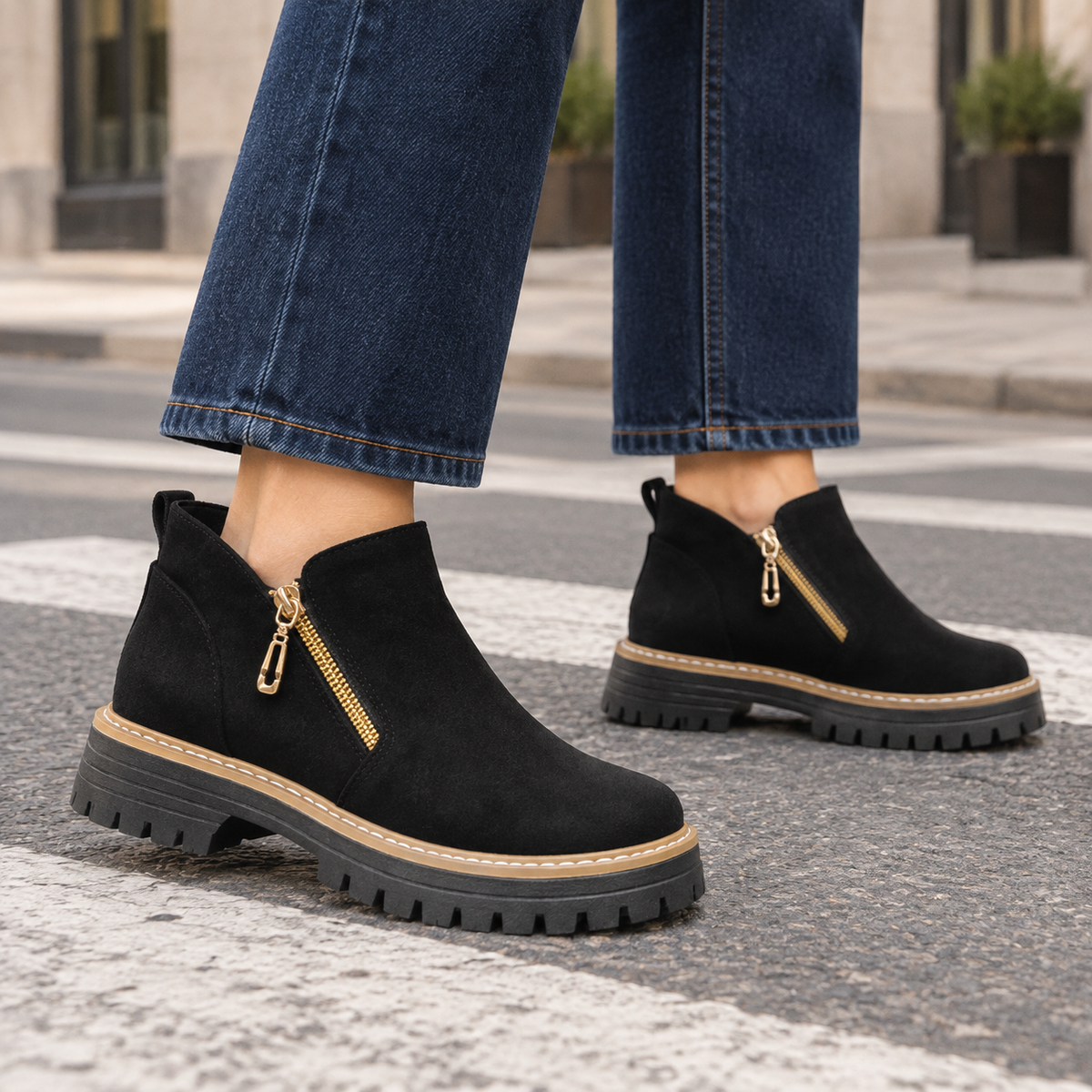 Damen Stiefeletten in Wildlederoptik mit Profilsohle