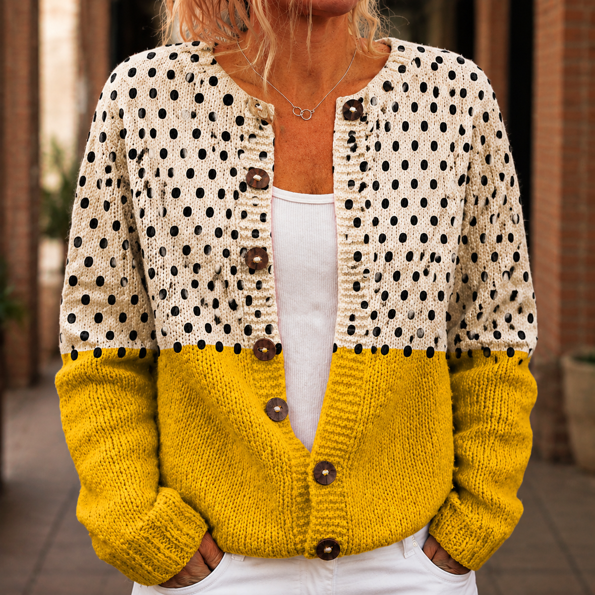 Damen Strickjacke im Colour-Block-Design mit Rundhalsausschnitt