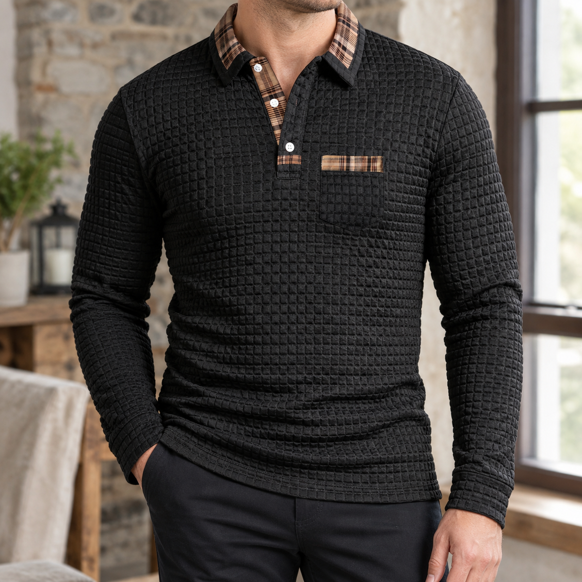 Herren Poloshirt Langarm kariert – Slim Fit
