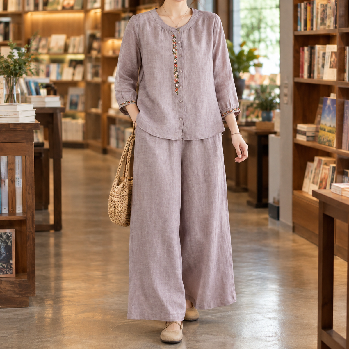 Damen Zweiteiler mit Blumenstickerei – Relaxed Fit