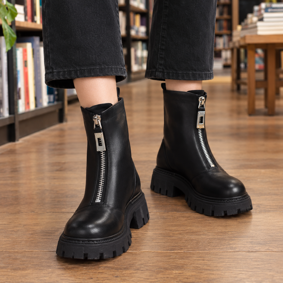 Damen Plateau-Stiefeletten in Lederoptik mit Zipper