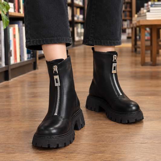 Damen Plateau-Stiefeletten in Lederoptik mit Zipper