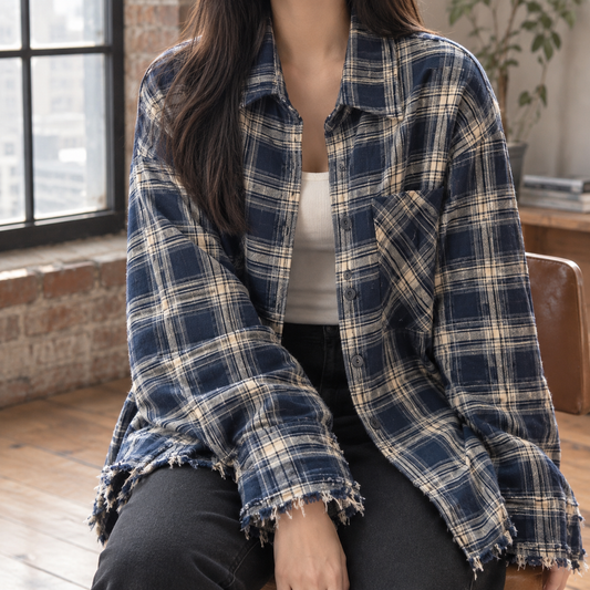 Damen Karojacke Oversize Casual mit spitzem Kragen
