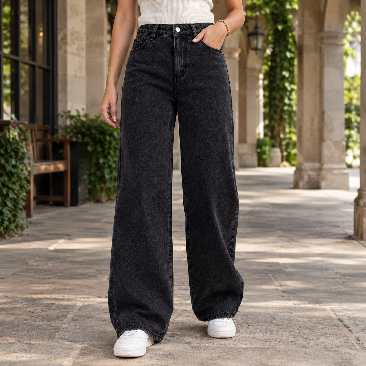 Damen Jeans in Waschoptik mit weitem Bein