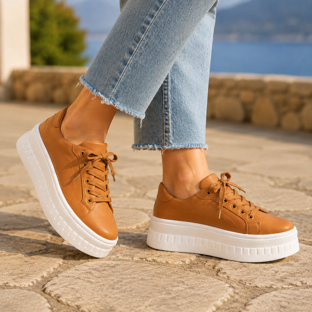 Damen Sneaker mit Plateausohle und Schnürung