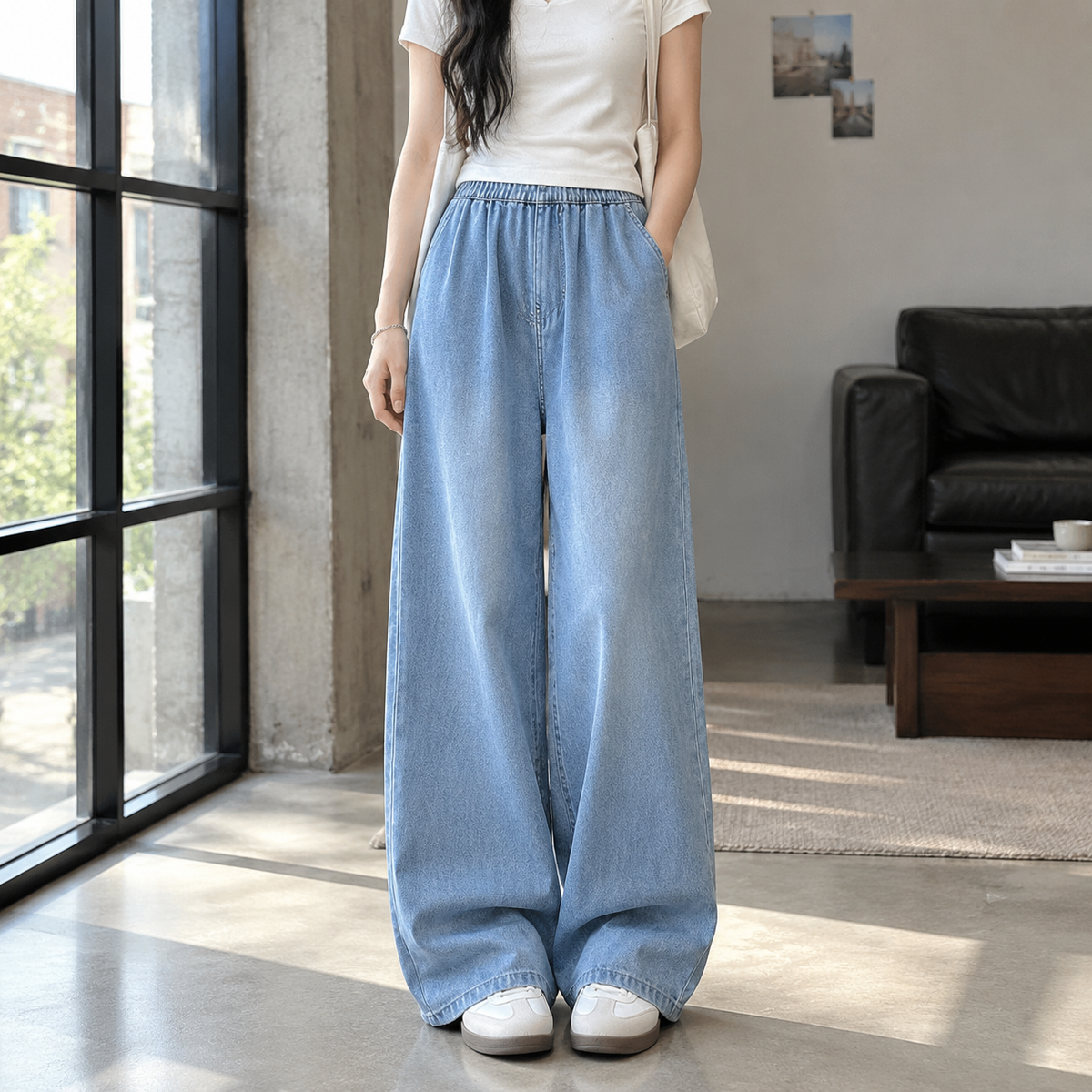 Damen Jeans mit gerafftem Bund in weiter Passform