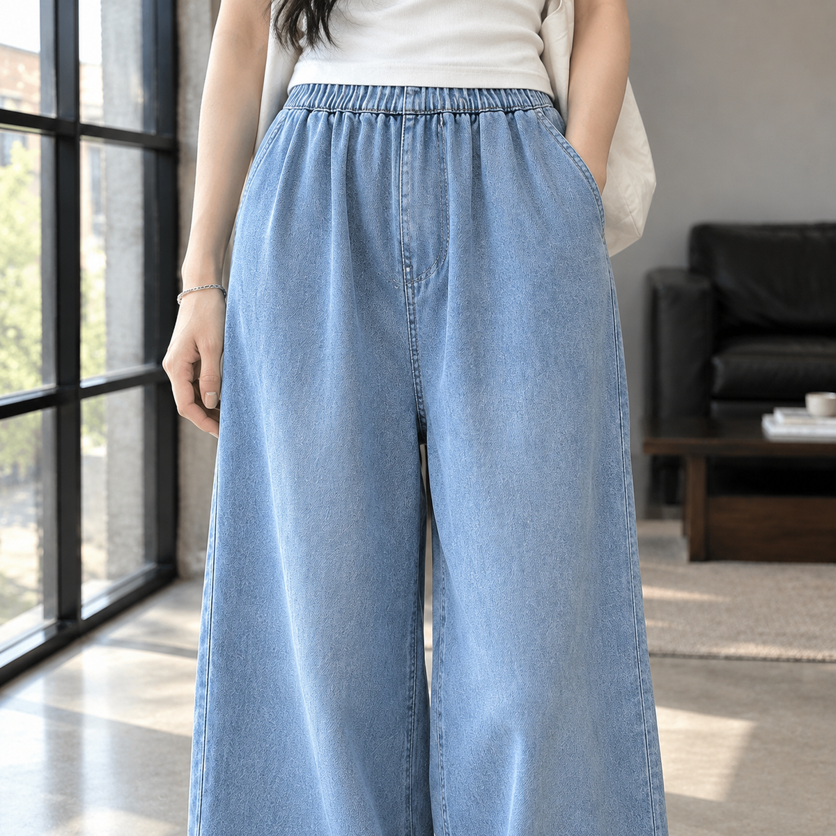 Damen Jeans mit gerafftem Bund in weiter Passform
