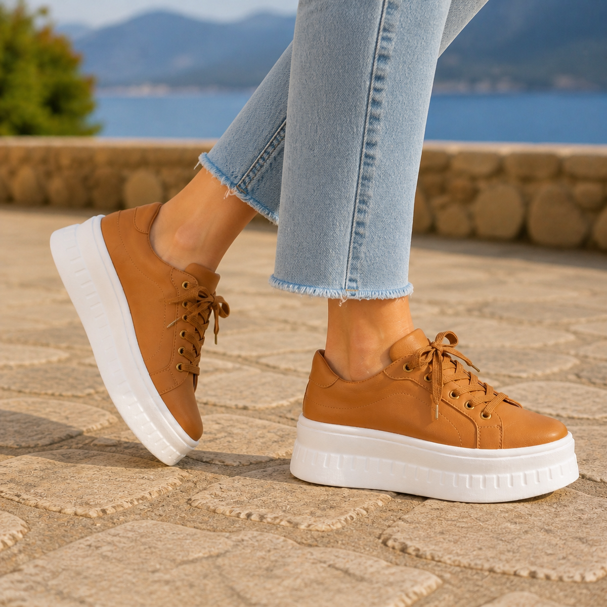 Damen Sneaker mit Plateausohle und Schnürung
