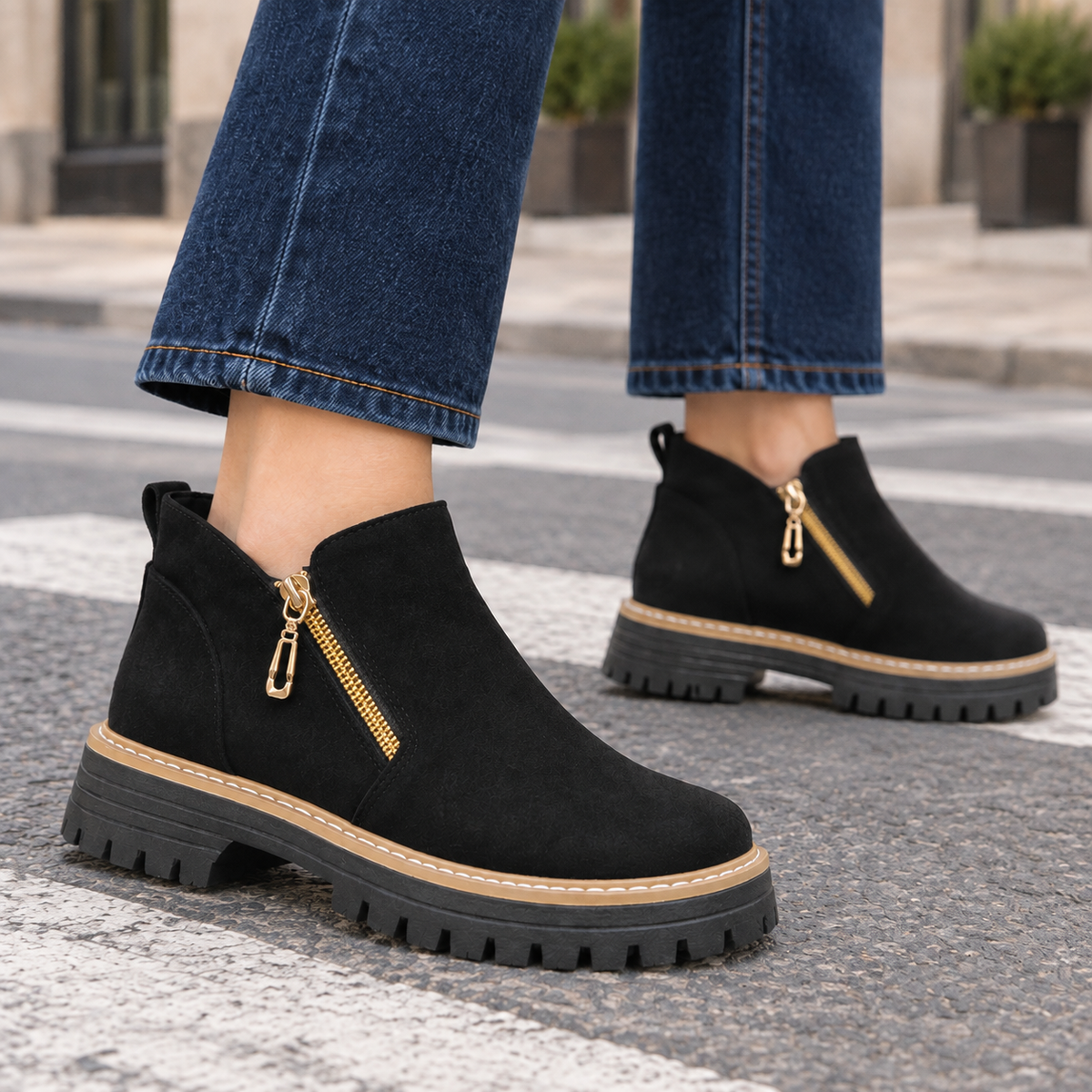 Damen Stiefeletten in Wildlederoptik mit Profilsohle