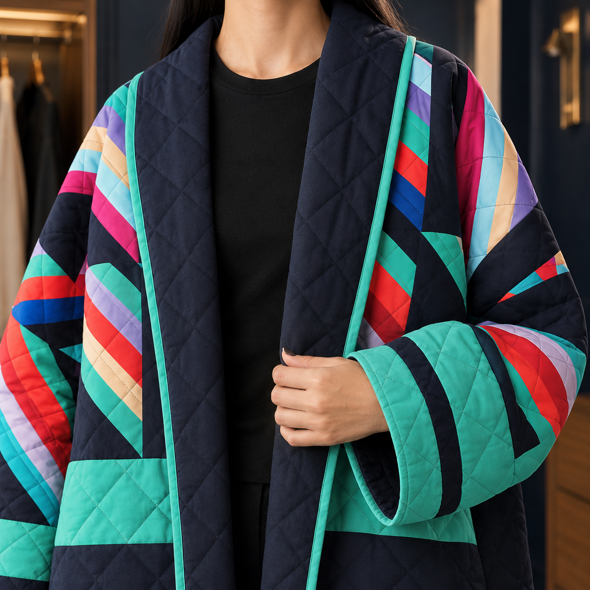 Damen Patchwork-Jacke Oversize – Casual