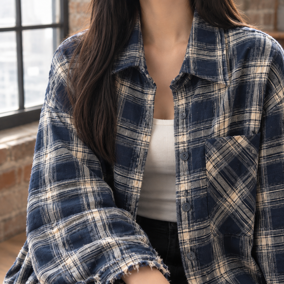 Damen Karojacke Oversize Casual mit spitzem Kragen