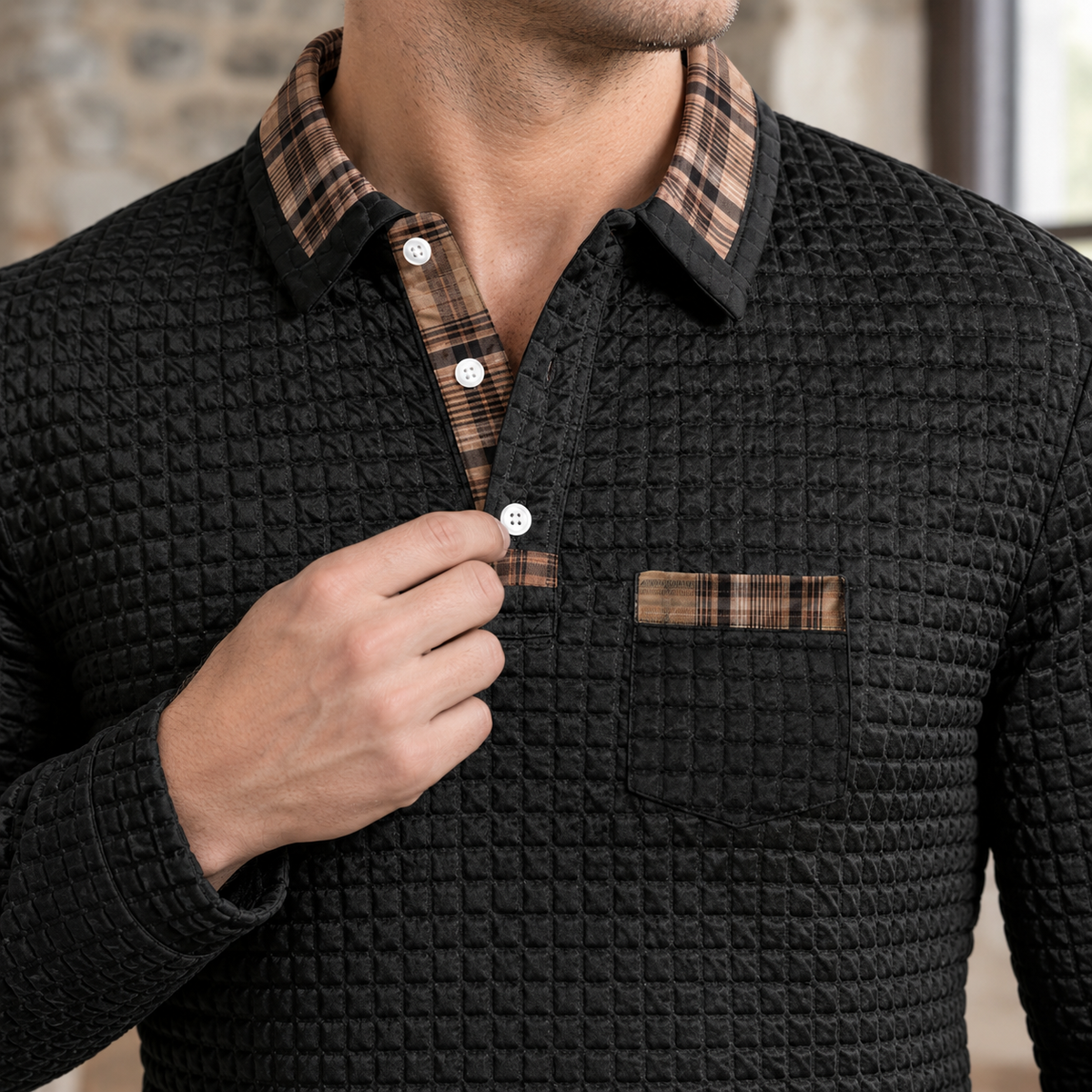Herren Poloshirt Langarm kariert – Slim Fit