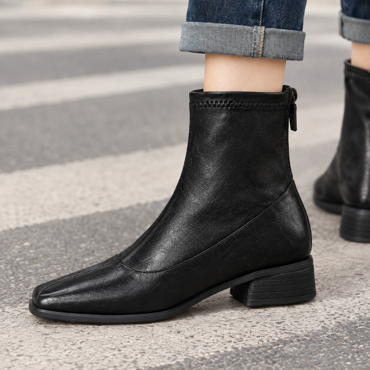 Damen Stiefeletten mit eckiger Zehenform und Reißverschluss