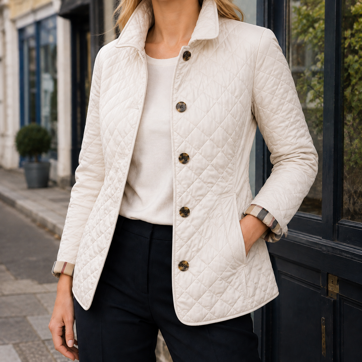 Damen Steppjacke mit karierten Bündchen – Regular Fit
