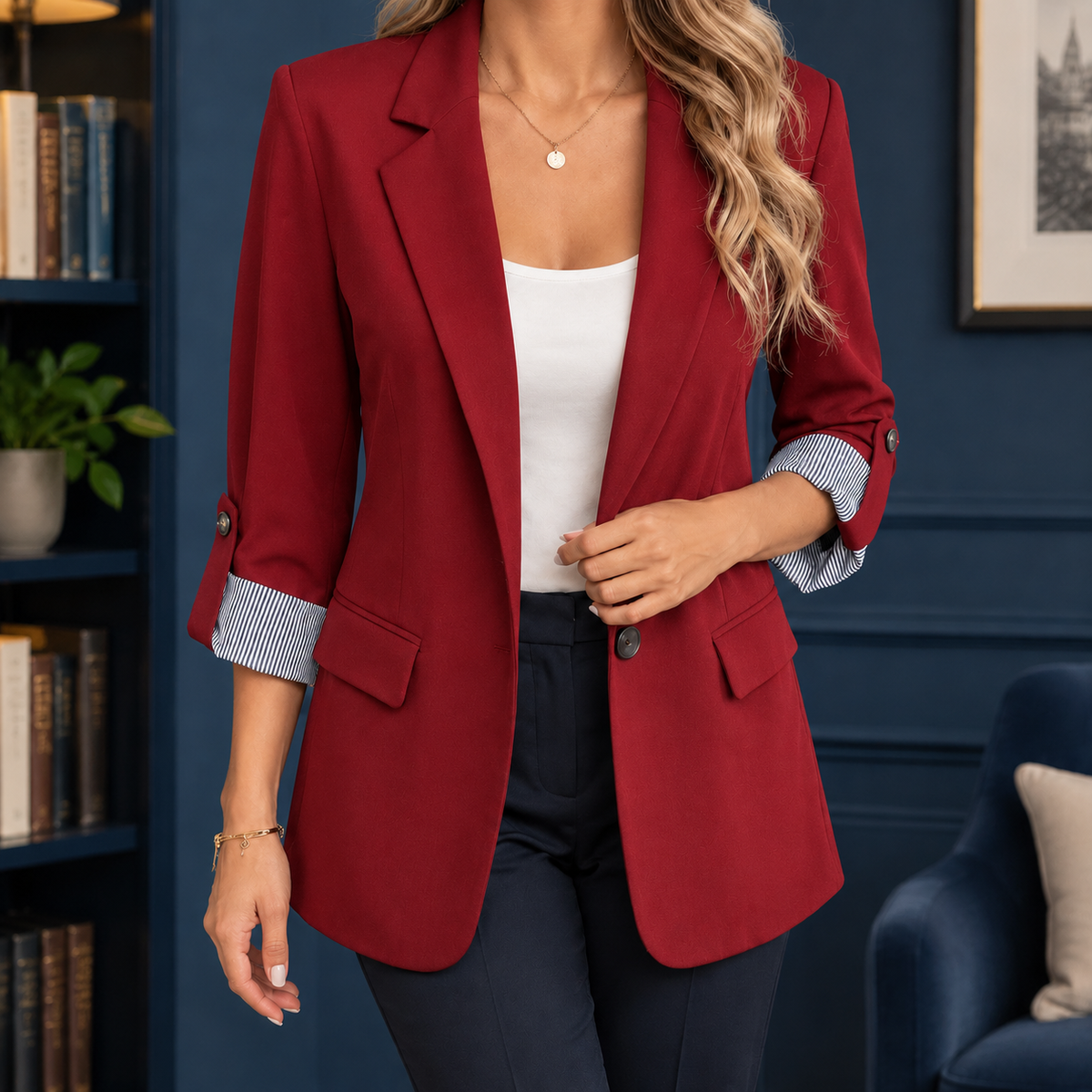 Damen Blazer mit Streifenmanschetten und Einknopfverschluss