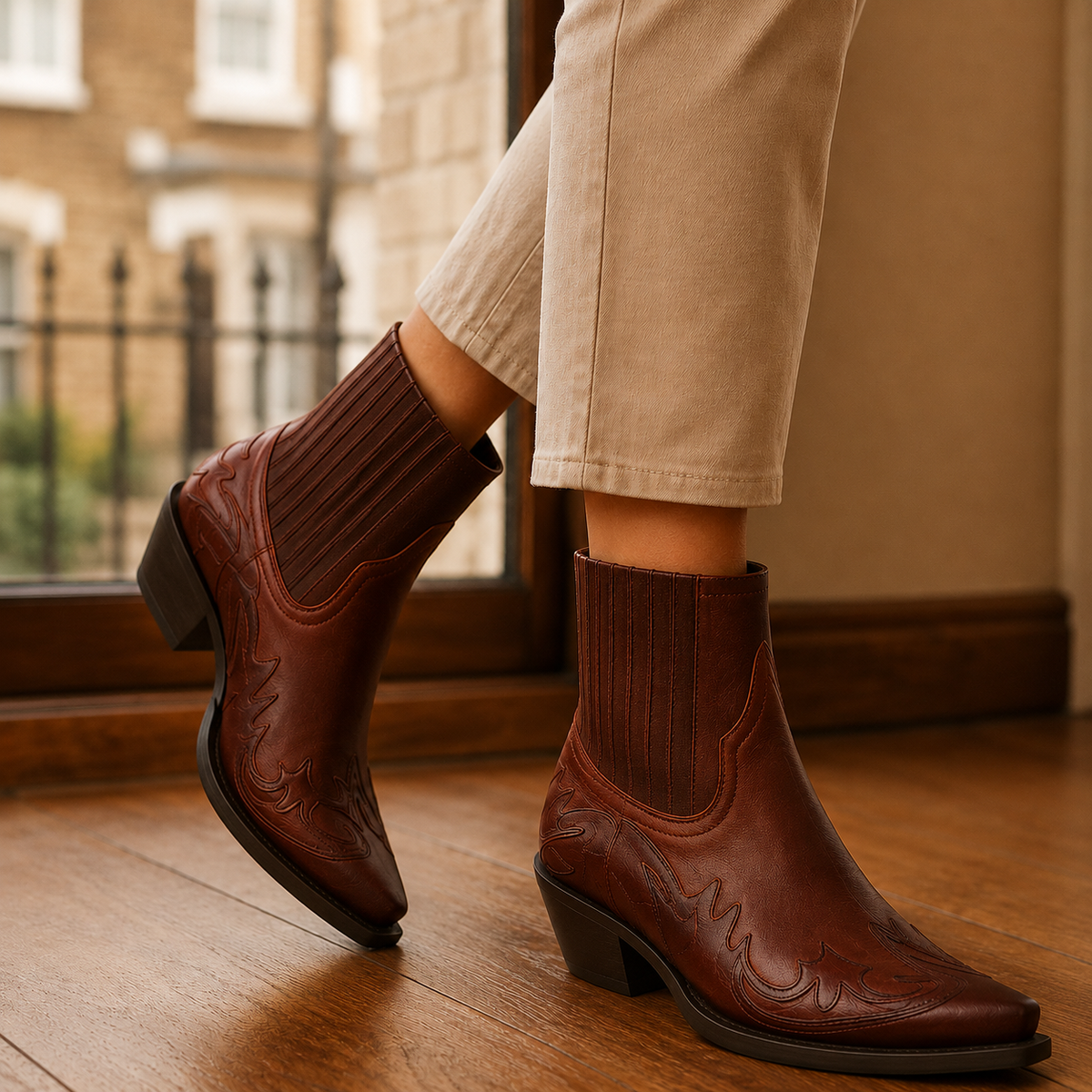 Damen Western-Stiefeletten in Lederoptik mit Ziernaht
