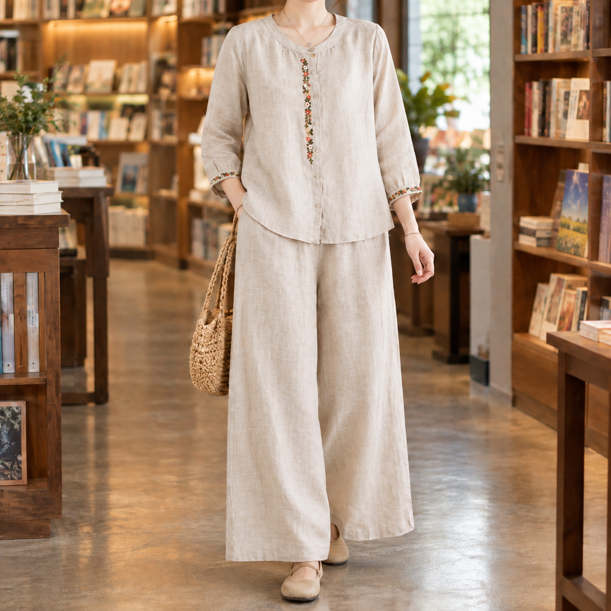 Damen Zweiteiler mit Blumenstickerei – Relaxed Fit