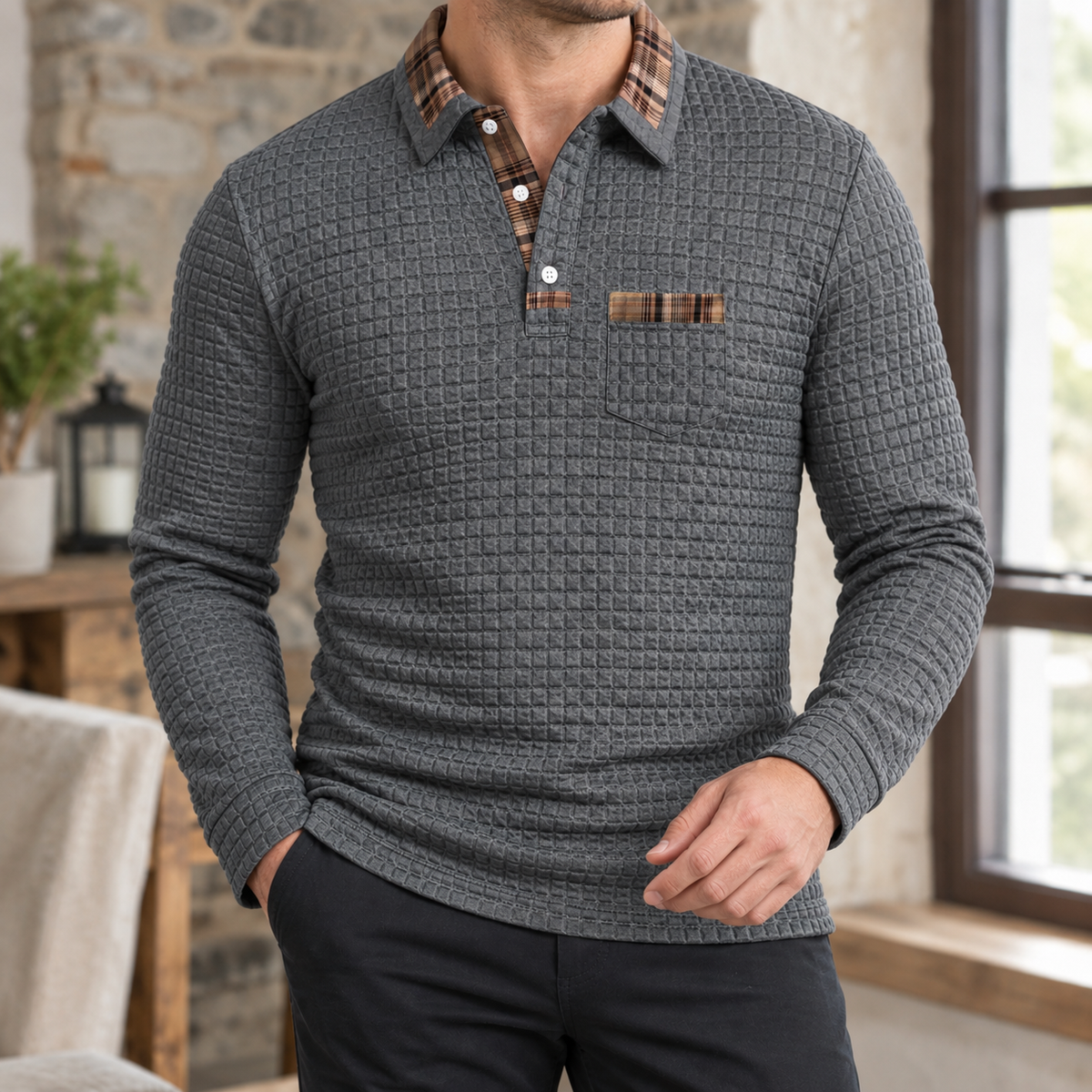 Herren Poloshirt Langarm kariert – Slim Fit
