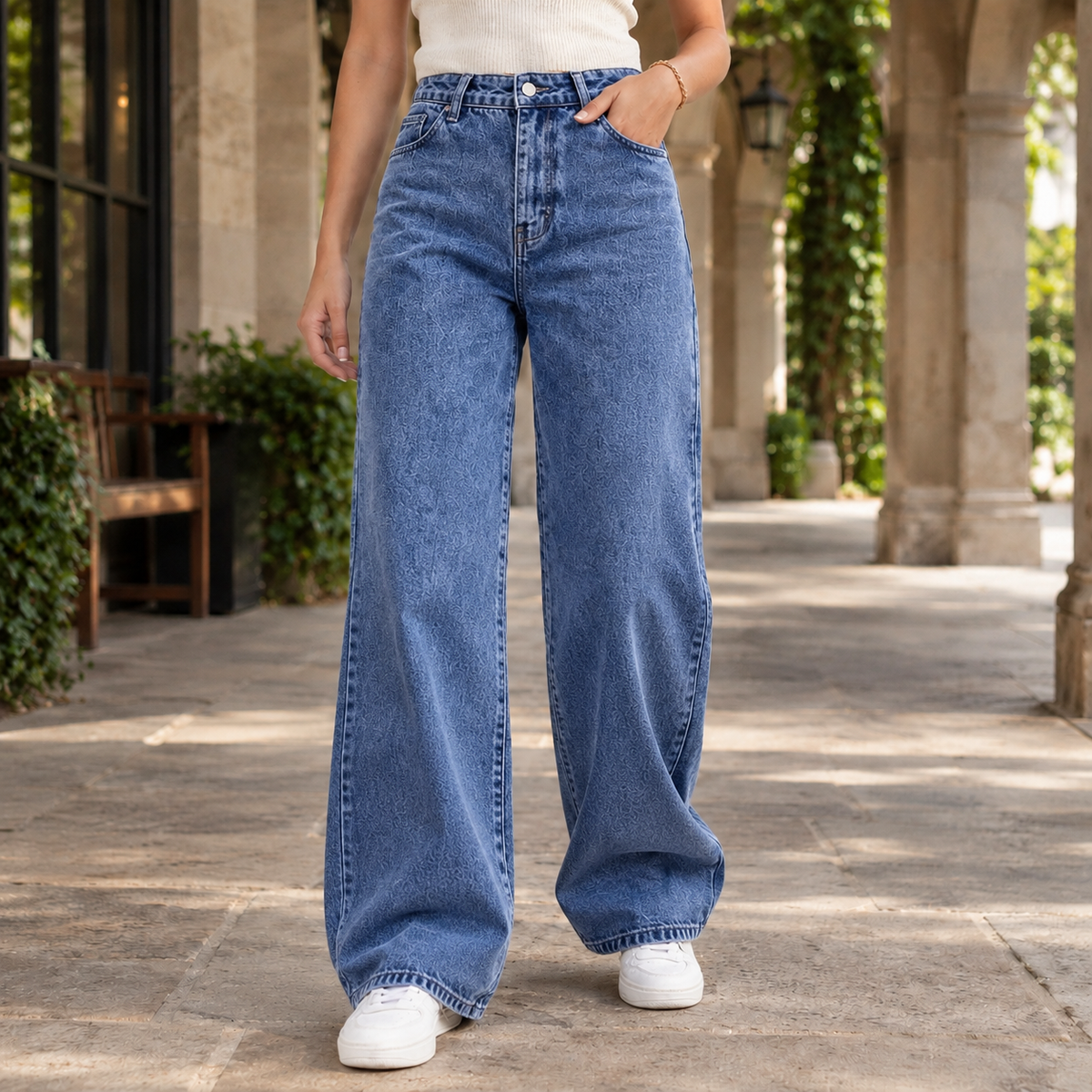 Damen Jeans in Waschoptik mit weitem Bein