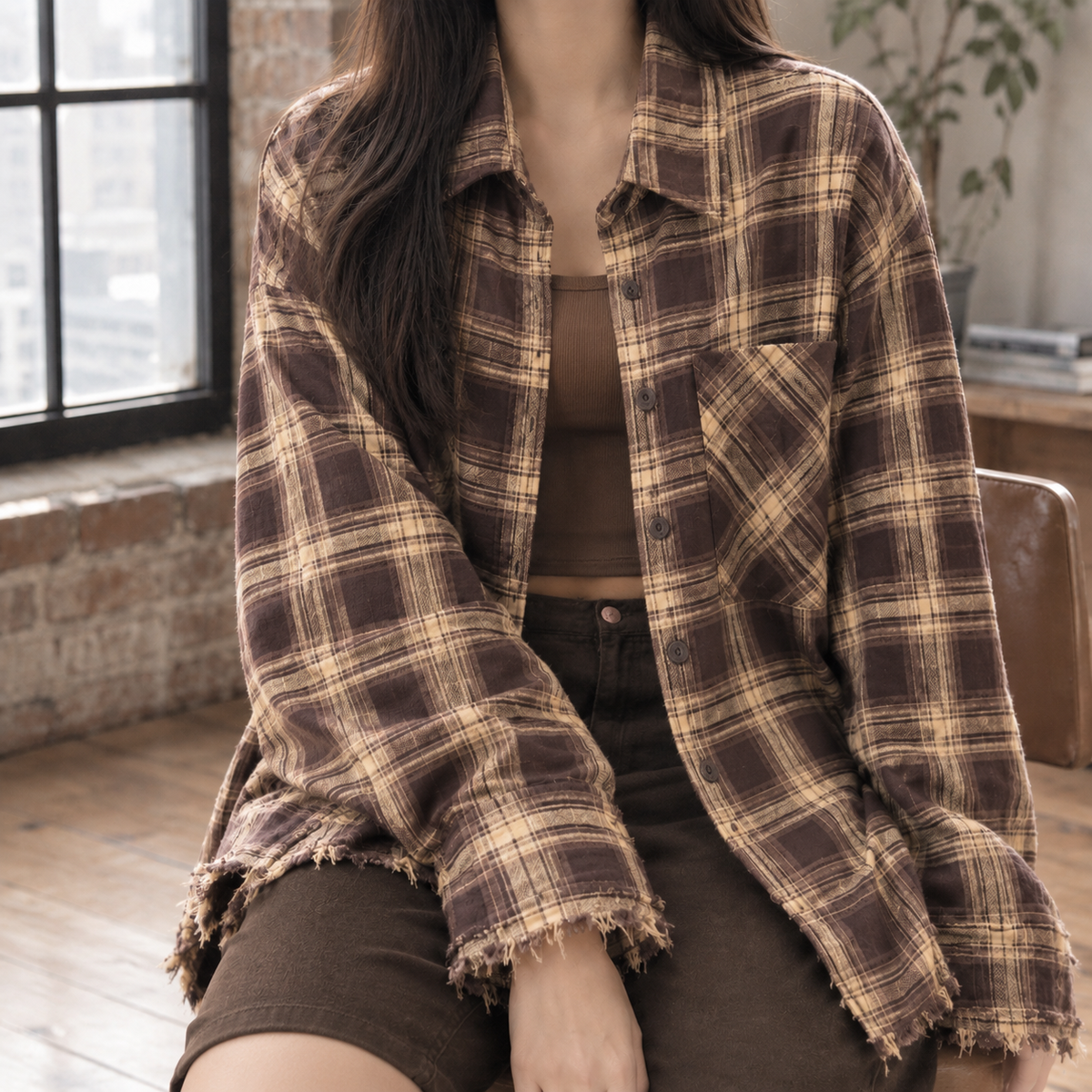 Damen Karojacke Oversize Casual mit spitzem Kragen