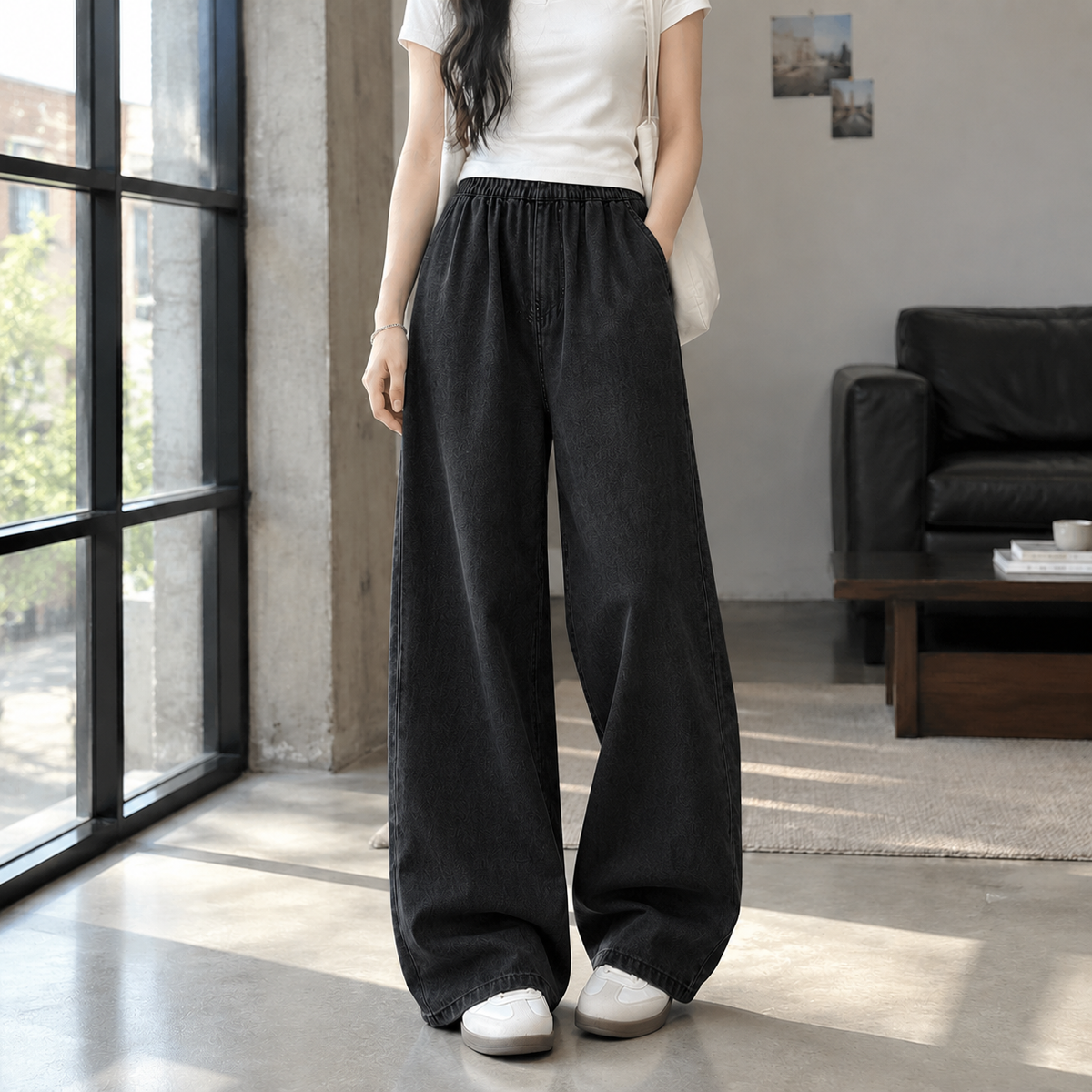 Damen Jeans mit gerafftem Bund in weiter Passform