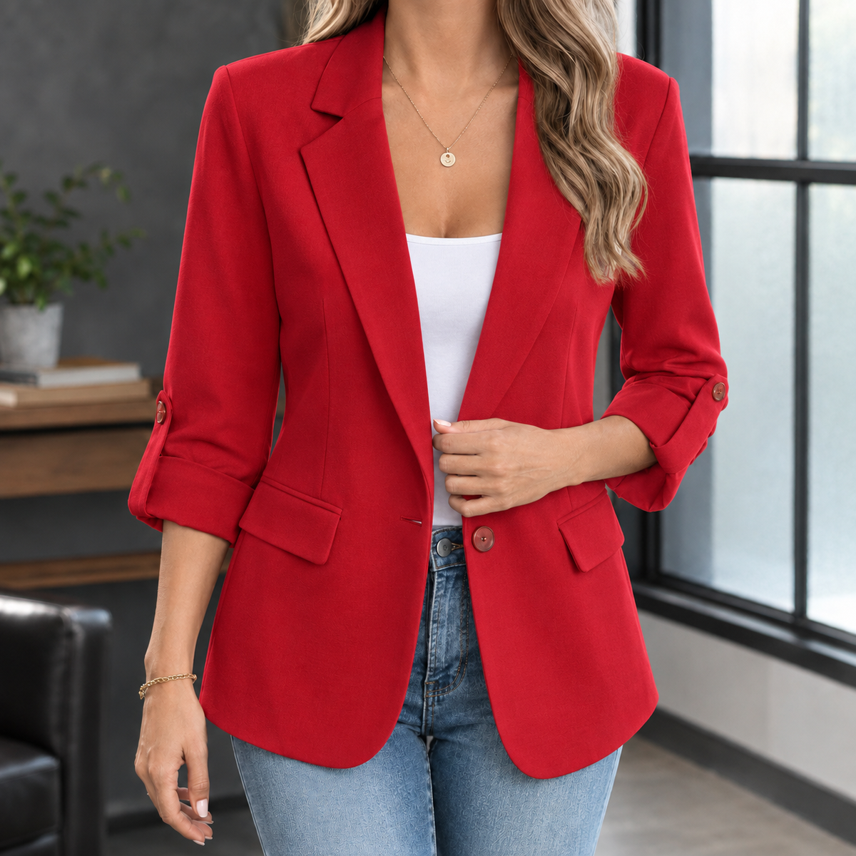 Damen Blazer mit Dreiviertelärmeln – Slim Fit, Business