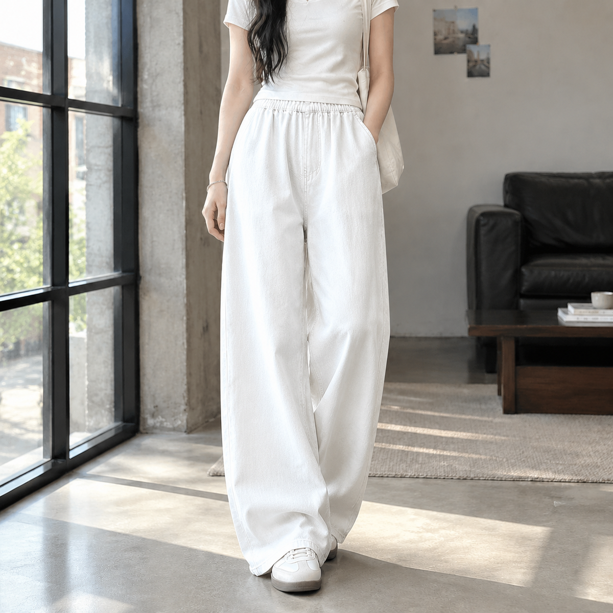 Damen Jeans mit gerafftem Bund in weiter Passform