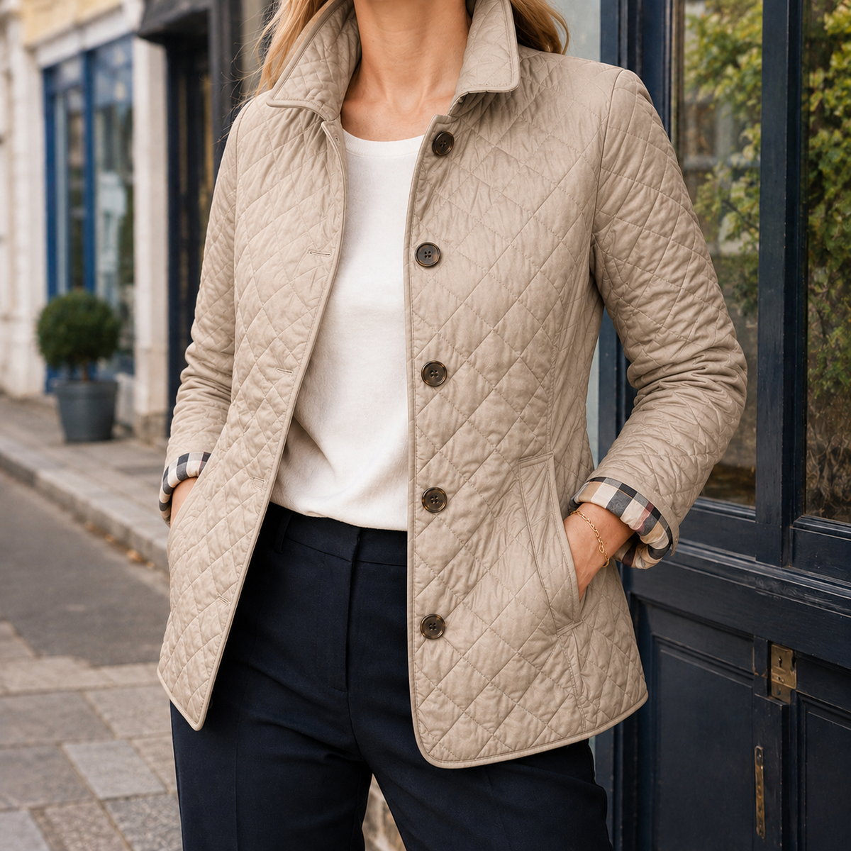 Damen Steppjacke mit karierten Bündchen – Regular Fit