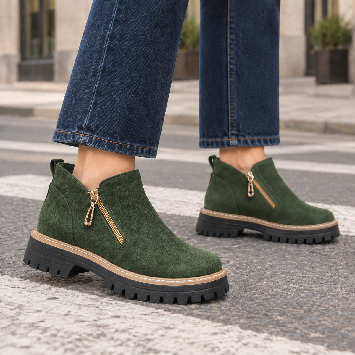 Damen Stiefeletten in Wildlederoptik mit Profilsohle