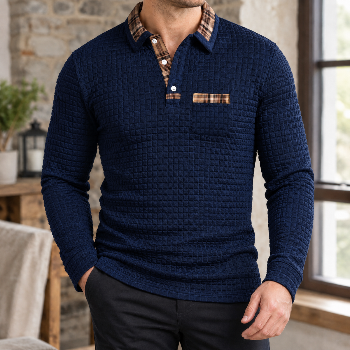 Herren Poloshirt Langarm kariert – Slim Fit