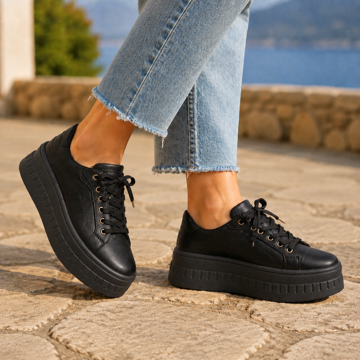 Damen Sneaker mit Plateausohle und Schnürung